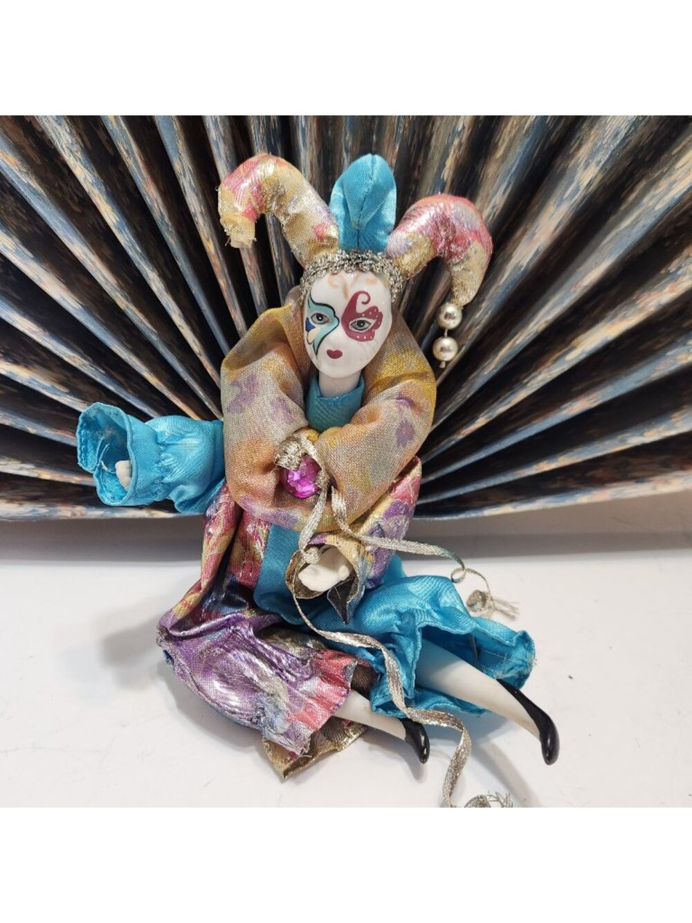 Vintage Venetian Halequin Jester Doll Porcelain Mask & Fan Display Masquerade